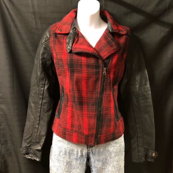 Ci Sono Jackets & Blazers - CiSono by Cavalini Red Plaid and Leather Jacket